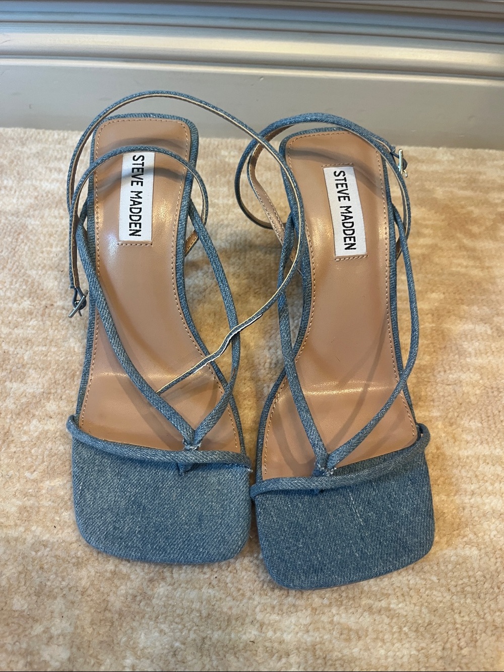 Steve Madden Blue Denim Wrap-Strap Square-Toe Heels